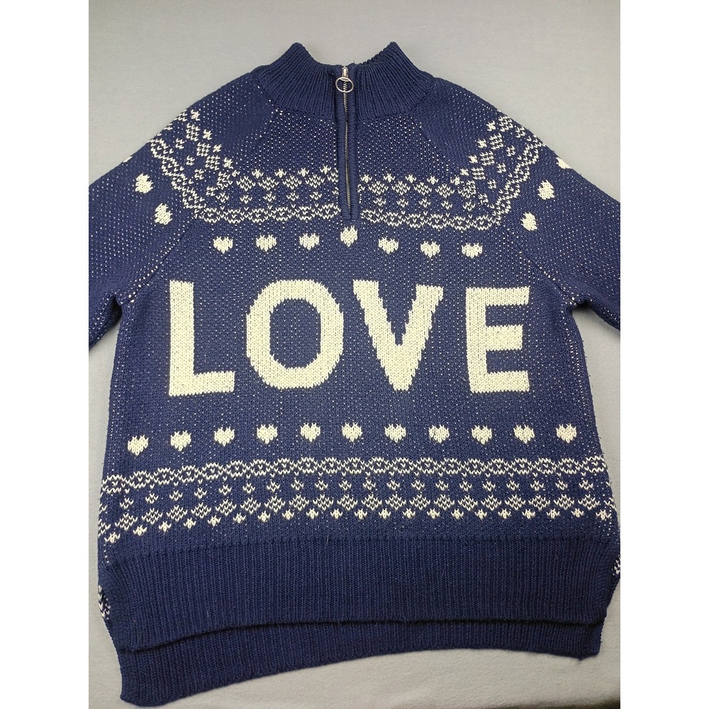 Aerie Navy Blue LOVE Fair Isle Quarter Zip Sweater Large Hearts Holiday Knit